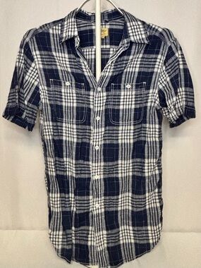 Tre Vero Men Small Blue Plaid Short Sleeve 100% Linen Casual Button Down Shirt